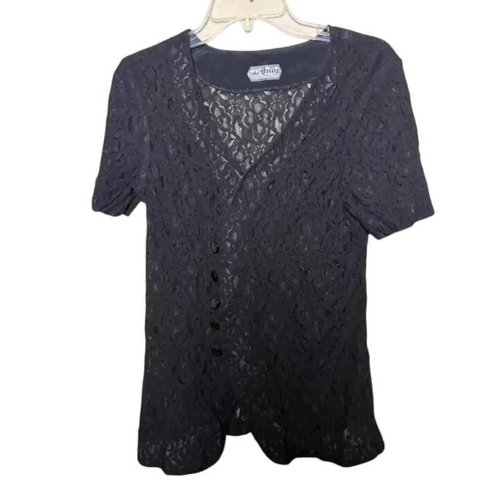 Vintage Lace Side Button Balck Top Size Small